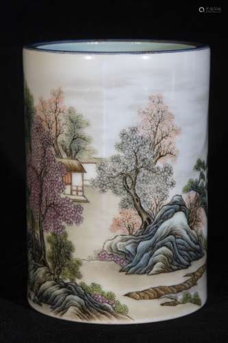 A Porcelain Famille Rose Landscape Brush Pot