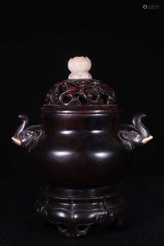 A Rosewood Censer Embed Shoushan Stone