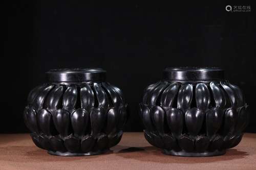 Pair Of Rosewood Lotus Pattern Censers