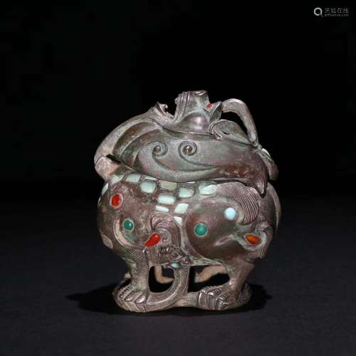 A Silver Censer Ornament With Beast Carving