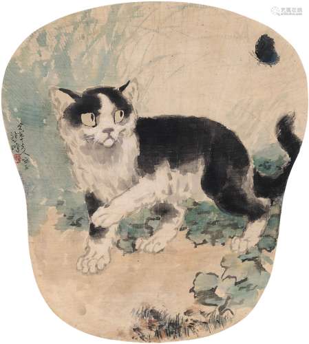 徐悲鸿（1895～1953） 为张安治夫人作耄耋图 设色绢本 团扇片