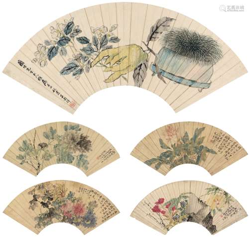 吴谷祥（1848～1903）、印 岩［清］、沈思约［清］ 花卉扇页五帧