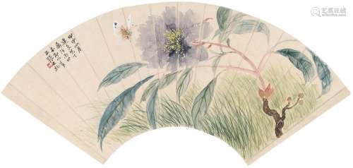 张大壮（1903～1980） 为马连良作花间蝶舞图 设色纸本 扇页