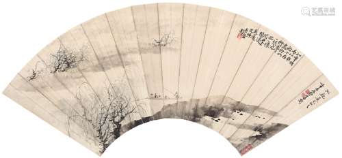 郑午昌（1894～1952） 烟柳游春图 设色纸本 扇页
