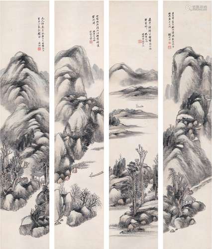 杨伯润（1837～1911） 山水四屏 设色纸本 四屏