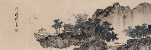 溥 儒（1896～1963） 秋江楼阁图 设色纸本 画心