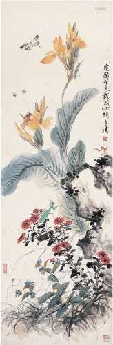 王雪涛（1903～1982） 蕉石虫趣图 设色纸本 立轴