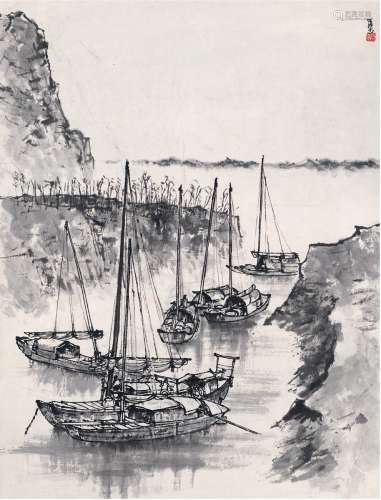 李可染（1907～1989） 渔舟泊岸图 水墨纸本 立轴