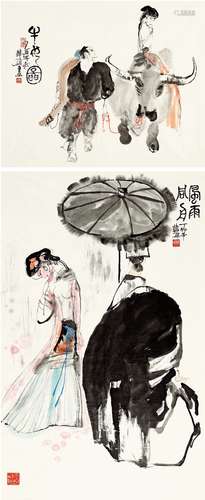 韩 硕（b.1945） 牛女图•风雨同舟图 设色纸本 画心