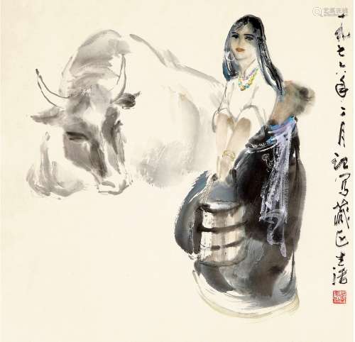 李世南（b.1940） 藏女牧牛图 设色纸本