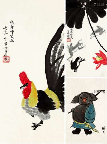 王明明（b.1952） 田趣图三帧 设色纸本 画心
