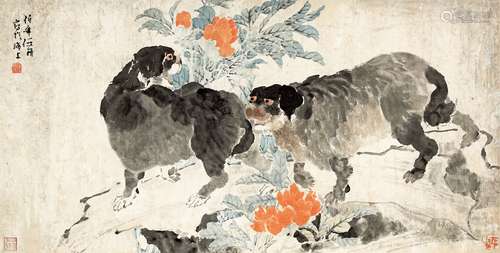 任伯年（1840-1895） 双犬图 设色纸本