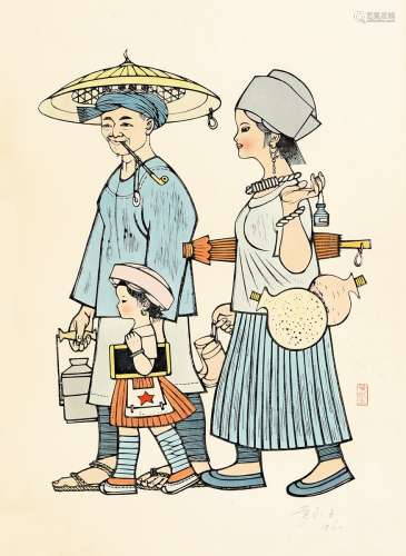 黄永玉（b.1924） 全家送我上学堂 纸本 木刻版画
