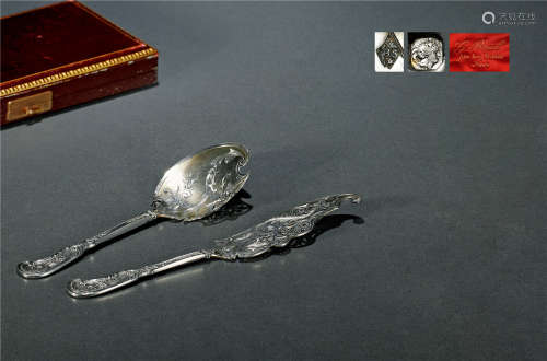 1880年制 布鲁尔（G•BRUEL）纯银甜点分餐勺一对