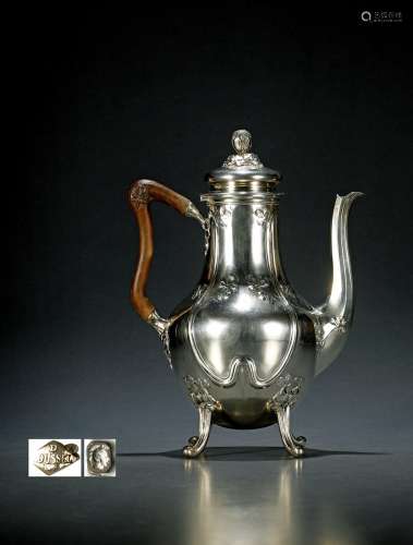 1910年制 罗塞尔（ROUSSEL）胡桃木手柄银质酒壶