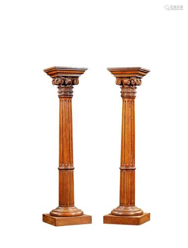 1890年制 橡木高浮雕藤叶饰罗马柱一对