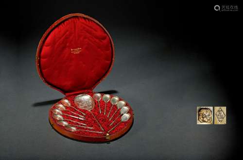 1880年制 费迪南•达克特（FERDINAND DUCOT）纯银蛋糕勺礼盒十三件套组