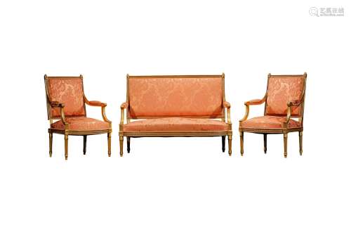 1890年制 法式胡桃木金漆布艺沙发三件套组