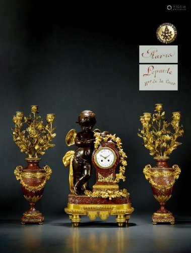 1880年制 亨利•勒波特（HENRRY LEPAUTE）制造杰皮弗雷斯（JAPY FRERES ）钟芯小天使饰铜雕鎏金三件套钟