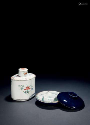 清•宝石蓝釉调色盒及粉彩茶叶罐一组两件