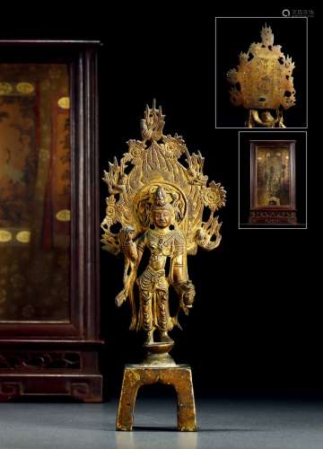明•铜鎏金宝瓶观音菩萨像及红木佛龛一组两件