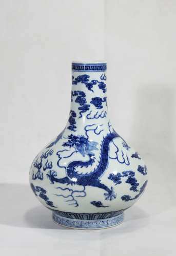 Chinese Blue And White Porcelain Bottle With Pattern Of Dragon And Phoenix