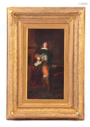 A 19TH CENTURY OIL ON CANVAS Full-length portrait of a Cavalier 40cm high, 21cm wide - unsigned