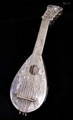 A 19TH CENTURY CONTINENTAL SILVER MANDOLIN WITH INTEGRATED SCENT BOTTLE TO THE TOP finely embossed