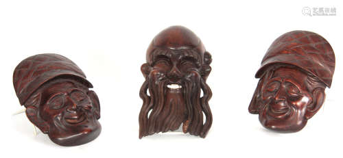 A JAPANESE MEIJI PERIOD HARDWOOD NOH MASK TOGETHER A PAIR OF JAPANESE MASKS the man with beard