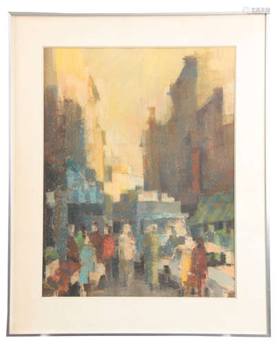 A 20TH CENTURY PASTEL DRAWING depicting a city landscape with figures in the foreground -