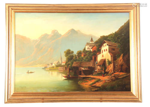 A KREUTZER - 19TH CENTURY OIL ON RE-LINED CANVAS continental lake and mountainous town scene with