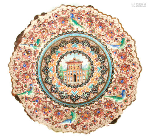 A 19TH CENTURY ISLAMIC ENAMEL PLATE finely decorated with a reliefwork border decorated with birds