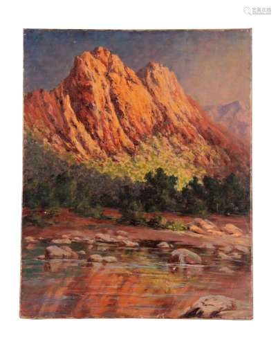 19TH CENTURY OIL ON CANVAS IN THE MANNER OF CHARLES S MEACHAM (1924-1933) depicting a mountainous