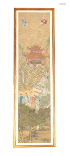 A LARGE 19TH CENTURY CHINESE PAINTED SILK PANEL finely decorated with figures and pagodas amongst