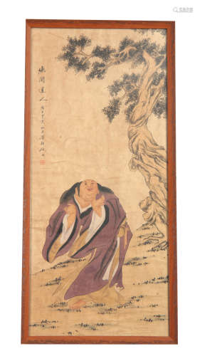 19TH CENTURY JAPANESE WATERCOLOUR ON PAPER depicting a robed scholar in a tree-lined landscape