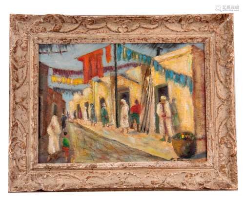 EARLY 20TH CENTURY OIL ON CANVAS Street scene in Marrakesh 27.5cm high, 39cm wide - indistinct