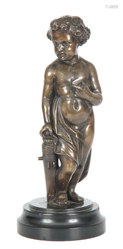 A 19TH CENTURY FRENCH BRONZE SCULPTURE OF A CHERUB mounted on a circular black slate base 28cm