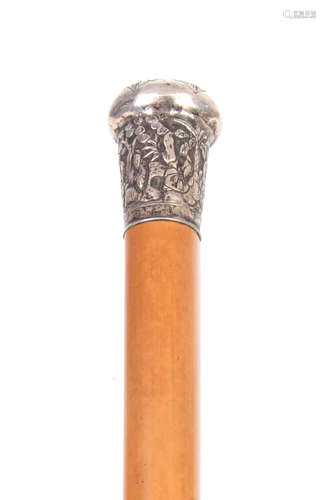 A 19TH CENTURY MALACCA AND SILVER MOUNTED CHINESE WALKING STICK decorated with Chinese figures in