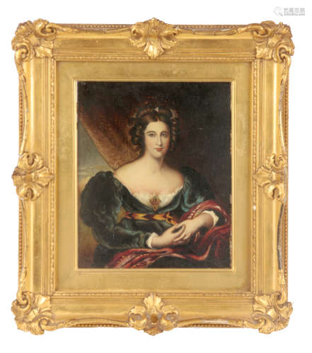 19TH CENTURY OIL ON BOARD portrait of a lady 20cm high 16.5cm wide - mounted in a glazed gilt