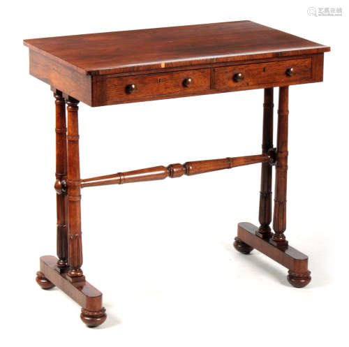 A REGENCY FIGURED ROSEWOOD WRITING TABLE IN THE MANNER OF GILLOWS with two narrow front drawers