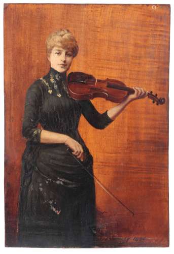 J.R. CRAWLEY. OIL ON BOARD. A late 19th portrait of a well-dressed lady playing the violin on
