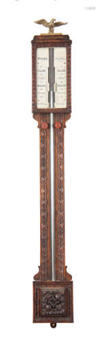 WEST, LONDON A MID 19TH CENTURY CARVED OAK STICK BAROMETER with double bone engraved calibrated
