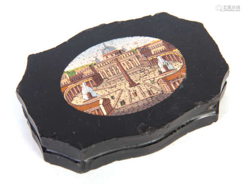 A 19TH CENTURY ITALIAN GRAND TOUR BLACK SLATE AND MIRCO MOSAIC PAPERWEIGHT of shaped rectangular