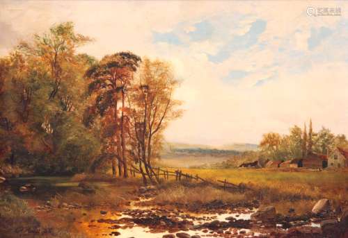 EDWARD HARGITT SCOTTISH 1835 - 1895 OIL ON PANEL Country scene with stream and cottages 33.5cm