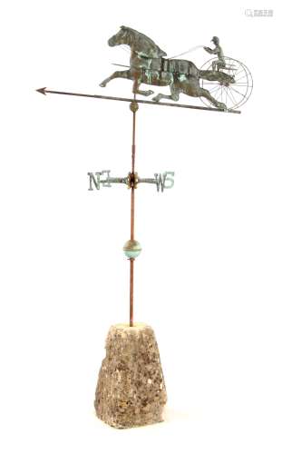 A LATE 19TH CENTURY AMERICAN FULL BODIED COPPER WEATHERVANE OF A HORSE WITH SULKY AND RIDER
