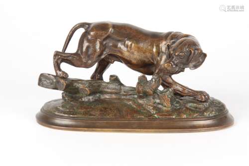 AFTER P.J. MENE. A LATE 19TH CENTURY FRENCH PATINATED BRONZE SCULPTURE modelled as a dog on the