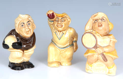 A GROUP OF THREE H J WOOD HUMOROUS SPORTING CHARACTER JUGS depicting a cricketer, footballer and