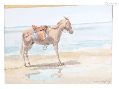 A 20TH CENTURY WATERCOLOUR OF DONKEY ON A BEACH BY VICTOR COVERLEY PRICE, mounted in a glazed