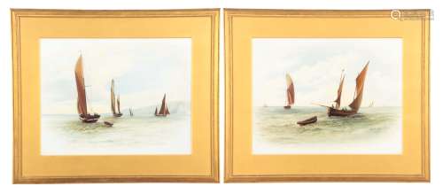 A PAIR OF 19TH CENTURY MARINE SCENE PORCELAIN PLAQUES painted with figures in sailing boats 35cms by