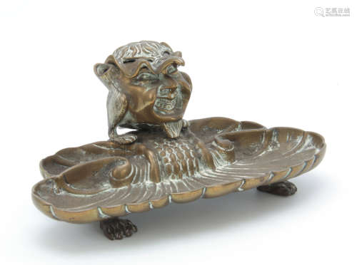 A LATE 19th CENTURY NOVELTY BRASS DESK STAND the inkwell formed as a devil imp with hinged lid